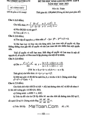 Đề thi HSG Olympic Toán 8 năm 2020 - 2021 phòng GD&ĐT Quỳnh Lưu - Nghệ An