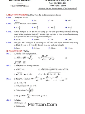 Đề thi giữa kì 1 Toán 9 năm 2020 - 2021 trường THCS Đống Đa - Hà Nội (có đáp án)