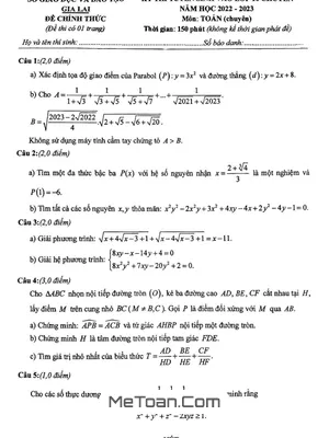 Đề thi Tuyển sinh Lớp 10 Chuyên Toán Sở GD&ĐT Gia Lai Năm 2022 - 2023