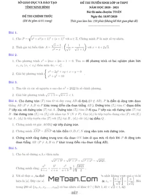 Đề thi tuyển sinh lớp 10 môn Toán (chuyên) năm 2020 - 2021 Sở GD&ĐT Ninh Bình