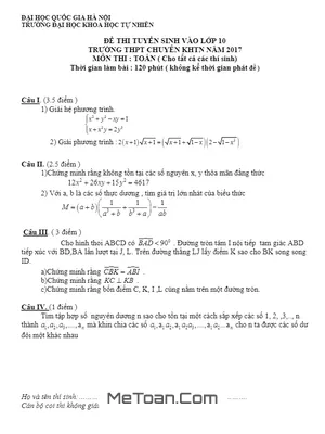 Đề thi Tuyển sinh Lớp 10 Môn Toán Chuyên KHTN Hà Nội Năm 2017-2018 (Vòng 1) - Lời Giải Chi Tiết