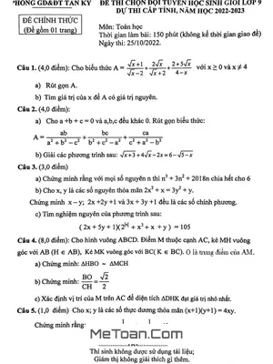 Đề chọn đội tuyển thi HSG tỉnh Toán 9 năm 2022 - 2023 phòng GD&ĐT Tân Kỳ - Nghệ An