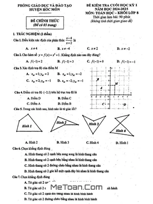 Đề thi học kỳ 1 Toán 8 năm 2024 - 2025 phòng GD&ĐT Hóc Môn - TP HCM
