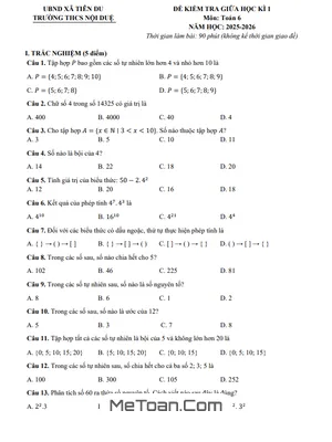 Đề Thi Giữa Học Kì 1 Toán 6 Năm 2025 - 2026 Trường THCS Nội Duệ, Bắc Ninh (Có Đáp Án)