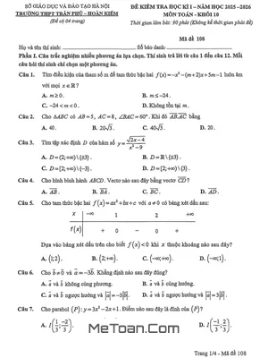 Đề thi học kì 1 Toán 10 năm 2025 - 2026 trường THPT Trần Phú - Hà Nội