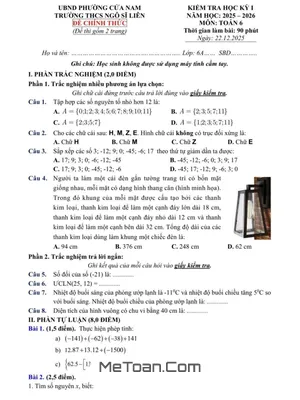 Đề thi học kì 1 Toán 6 trường THCS Ngô Sĩ Liên (Hà Nội) năm học 2025 - 2026
