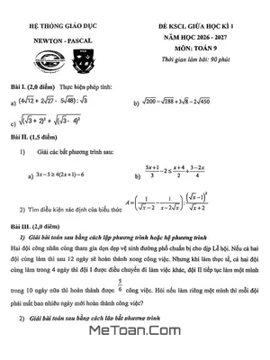 Đề Kiểm Tra Giữa Học Kỳ 1 Toán Lớp 9 Hệ Thống Newton-Pascal Hà Nội (2026-2027)