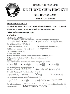 Đề Cương Ôn Tập Giữa Kì 1 Toán 12 Năm 2021 - 2022 Trường THPT Xuân Đỉnh - Hà Nội