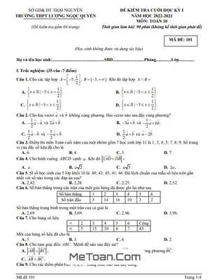 Đề thi học kỳ 1 Toán 10 năm 2022 – 2023 có lời giải – THPT Lương Ngọc Quyến