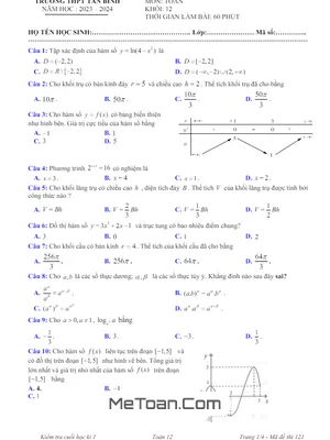 Đề thi HK1 Toán 12 năm 2023 - 2024 trường THPT Tân Bình - TP.HCM (có đáp án)