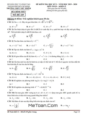 Đề thi HK1 Toán 12 năm 2019 - 2020 trường THPT Thủ Thiêm - TP HCM