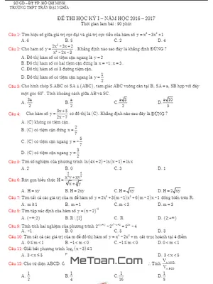 Đề thi HK1 Toán 12 năm 2016 - 2017 trường THPT Trần Đại Nghĩa - TP.HCM