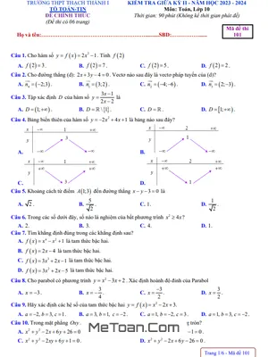 Đề Thi Giữa Kỳ 2 Toán 10 Năm 2023 - 2024 Trường THPT Thạch Thành 1 - Thanh Hóa