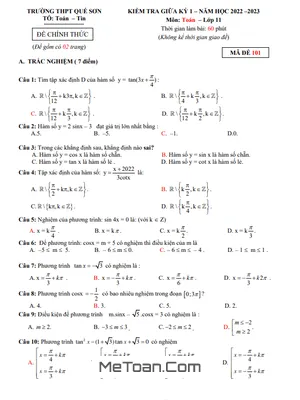 Đề Thi Giữa Học Kỳ 1 Toán 11 Năm 2022 - 2023 Trường THPT Quế Sơn - Quảng Nam