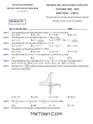 Đề kiểm tra chất lượng Toán 12 năm 2022 - 2023 trường THPT chuyên Thái Bình