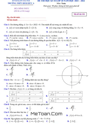 Đề thi học kỳ 2 Toán 10 năm 2021 - 2022 trường THPT Hoài Đức A - Hà Nội