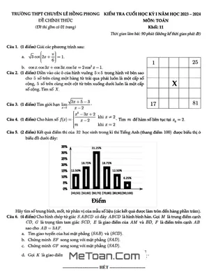 Đề thi cuối kỳ 1 Toán 11 năm 2023 - 2024 trường chuyên Lê Hồng Phong - TP HCM