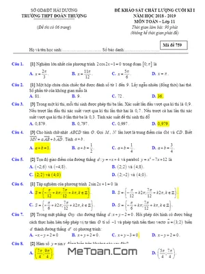 Đề KSCL Cuối Kỳ 1 Toán 11 Năm Học 2018 - 2019 Trường THPT Đoàn Thượng - Hải Dương
