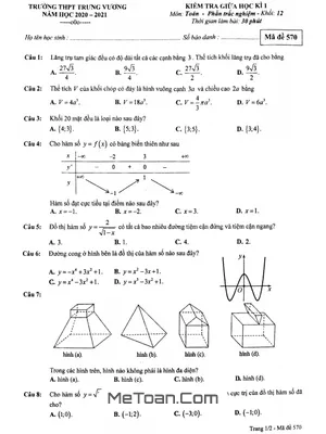 Đề thi giữa HK1 Toán 12 năm 2020 - 2021 trường THPT Trưng Vương - TP HCM