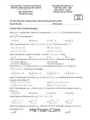 Đề Thi Học Kì 2 Toán 12 Năm 2019 - 2020 Trường THPT Hoàng Hoa Thám - TP HCM