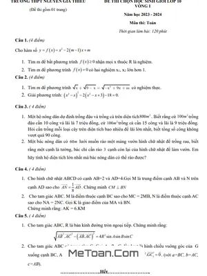 Đề thi học sinh giỏi Toán 10 năm 2023 - 2024 trường THPT Nguyễn Gia Thiều - Hà Nội