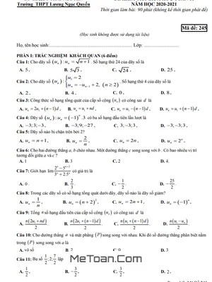 Đề thi giữa kỳ 2 Toán 11 năm 2020 - 2021 trường Lương Ngọc Quyến - Thái Nguyên