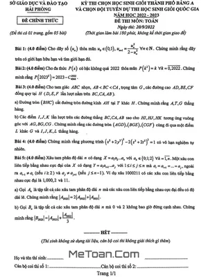 Đề thi chọn HSG thành phố môn Toán năm 2022 - 2023 sở GD&ĐT Hải Phòng