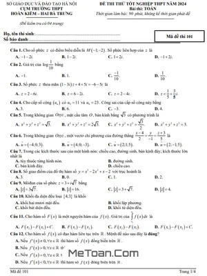 Bộ Đề Thi Thử Toán TN THPT 2024 Cụm Hoàn Kiếm & Hai Bà Trưng - Hà Nội (Có Đáp Án)