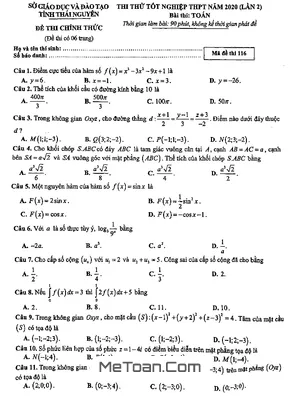 Đề thi thử tốt nghiệp THPT 2020 môn Toán lần 2 sở GD&ĐT Thái Nguyên