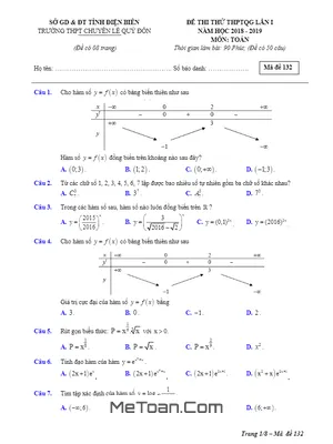 Đề thi thử Toán THPTQG 2019 trường THPT chuyên Lê Quý Đôn – Điện Biên lần 1