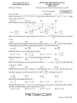 Đề thi thử THPT Quốc gia môn Toán trường Hàn Thuyên – Bắc Ninh lần 1 năm 2017
