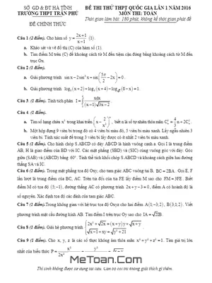 Đề thi thử THPT Quốc gia 2016 môn Toán lần 1 trường THPT Trần Phú – Hà Tĩnh