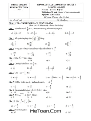 Đề thi học kỳ 1 môn Toán lớp 7 năm 2022 - 2023 phòng GD&ĐT Cẩm Thủy - Thanh Hóa