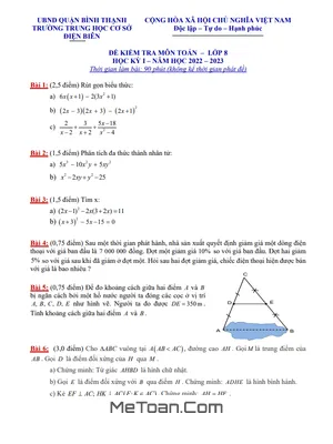 Đề Tham Khảo Cuối Kỳ 1 Toán 8 Năm 2022 - 2023 Trường THCS Điện Biên - TP HCM