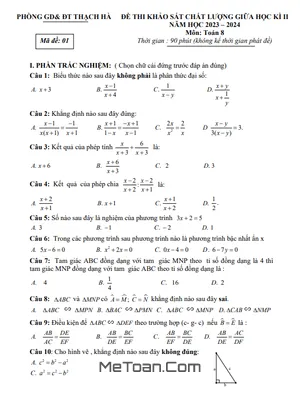 Đề thi giữa kì 2 Toán 8 năm 2023 - 2024 phòng GD&ĐT Thạch Hà - Hà Tĩnh