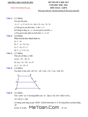 Đề thi giữa kì 1 lớp 8 môn Toán năm 2020 - 2021 trường THCS Ngô Sĩ Liên - Hà Nội