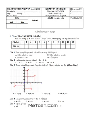 Đề Cuối Kì 2 Toán 8 Năm 2023 - 2024 Trường THCS Nguyễn Văn Xiếu - Bến Tre