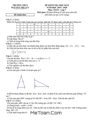 Đề thi cuối kỳ 2 Toán 7 năm 2019 - 2020 trường THCS Nguyễn Thị Lựu - Đồng Tháp