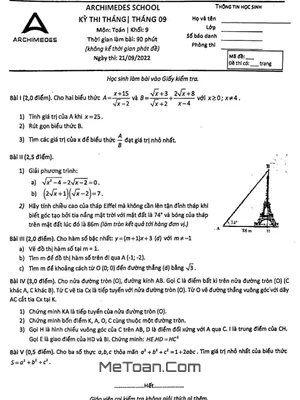 Đề kiểm tra Toán 9 tháng 9 năm 2022 hệ thống giáo dục Archimedes School – Hà Nội