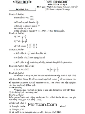 Đề thi học kì 2 Toán lớp 6 năm 2020 - 2021 trường THCS Nguyễn Thị Lựu - Đồng Tháp (có đáp án)