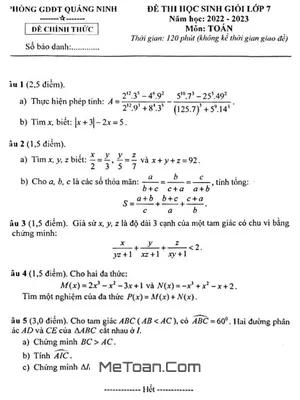 Đề thi học sinh giỏi Toán 7 năm 2022 - 2023 phòng GD&ĐT Quảng Ninh, Quảng Bình
