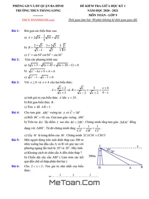Đề thi giữa kì 1 Toán 9 năm 2020 - 2021 trường THCS Thăng Long - Hà Nội