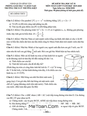 Đề thi HK2 Toán lớp 9 năm 2019 - 2020 trường THCS Lý Thường Kiệt - TP HCM