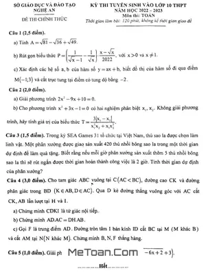 Đề Thi Vào Lớp 10 Môn Toán Nghệ An Năm 2022 - 2023