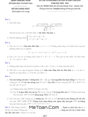 Đề thi tuyển sinh lớp 10 chuyên Toán Sở GD&ĐT Bắc Ninh năm 2020 - 2021