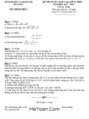 Đề thi tuyển sinh lớp 10 môn Toán Đà Nẵng năm 2017 - 2018 - Câu hỏi và lời giải