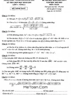 Đề thi học sinh giỏi Toán 9 năm 2022 - 2023 phòng GD&ĐT Hải Dương (Vòng 2)