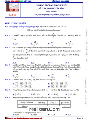 Đề chọn học sinh giỏi tỉnh Toán 12 năm 2024 - 2025 sở GD&ĐT Nghệ An
