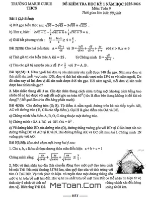 Đề thi Học kỳ 1 Toán 9 năm học 2025 – 2026 trường Marie Curie – Hà Nội