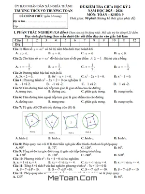 Đề Thi Giữa Kỳ 2 Toán 9 THCS Võ Trường Toản 2025-2026 - TP.HCM Có Đáp Án